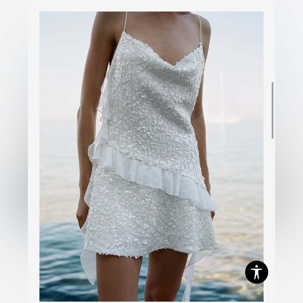 Zara White Sequined Ruffle Mini Dress